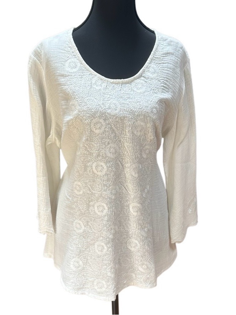 Solitaire White Embroidered Tunic Boho Bell Sleeves Top Blouse  L NWT